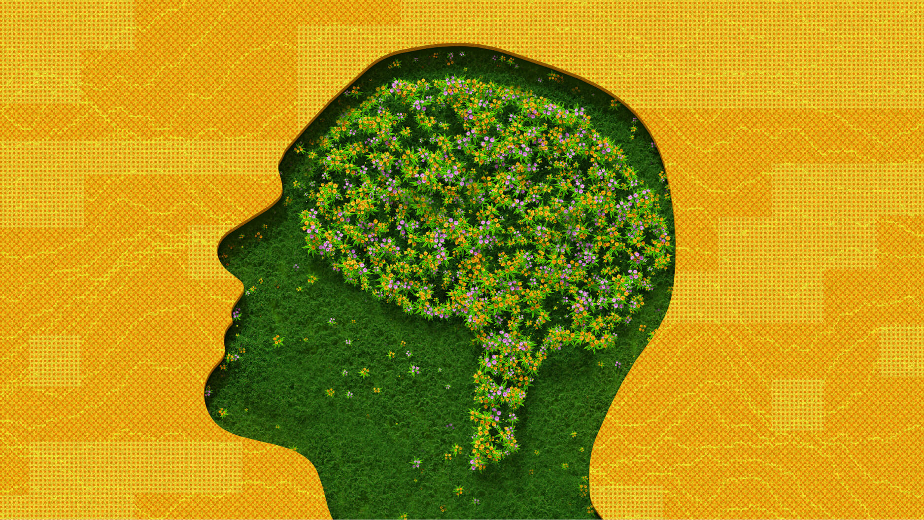 A silhouette of a head brimming with green grass and tiny flowers forms a brain-like shape, embodying sentience against a yellow textured background.