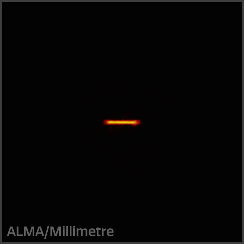 A dark background showcases a thin, bright horizontal line in the center, glowing in orange-yellow hues reminiscent of a JWST image capturing a star system's birth. ALMA/Millimetre is noted in the bottom left corner.