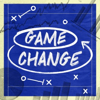 Blue background with the words "Game Change" in white, surrounded by strategic game symbols and graphs in the background.