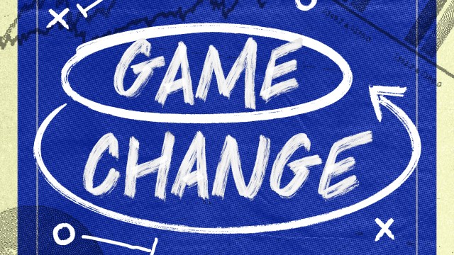 Blue background with white hand-drawn text that reads "GAME CHANGE" encircled and connected by arrows, surrounded by abstract diagrams and lines.