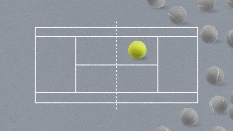 Illustration of a tennis court diagram featuring a bright yellow tennis ball, symbolizing success amidst several gray tennis balls, representing the journey through failure.