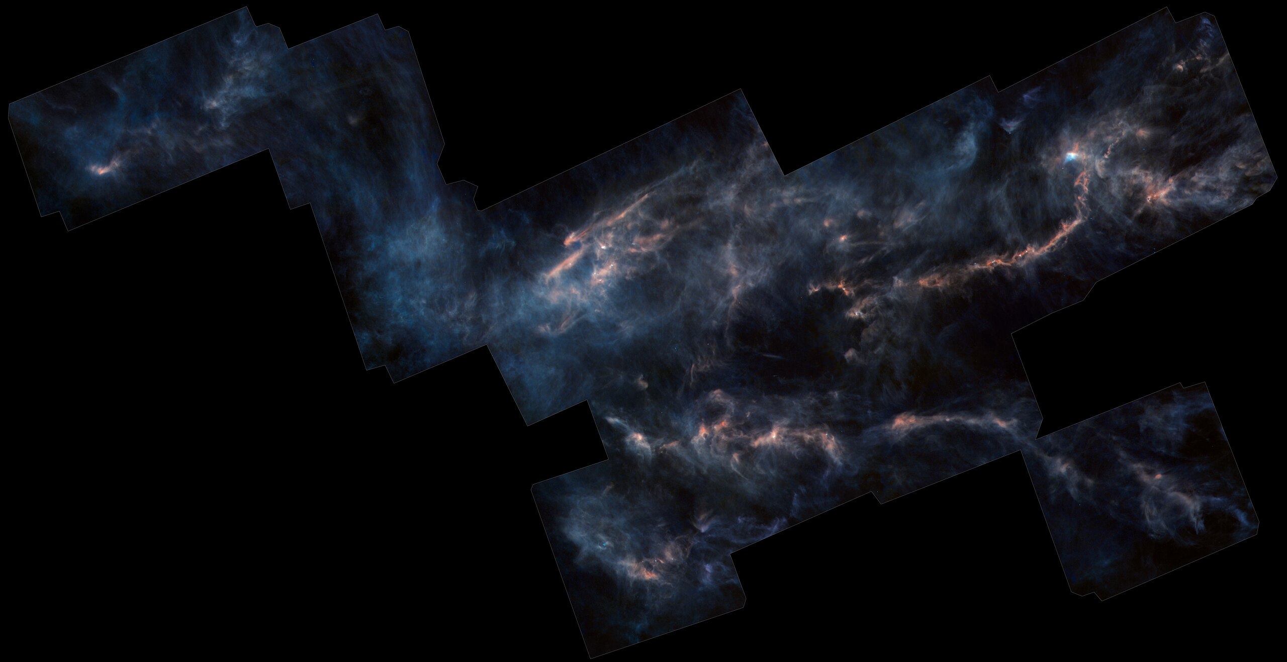 A composite image of the Aquila Rift captured by JWST reveals swirling dark clouds and bright areas, illustrating star system birth in space.