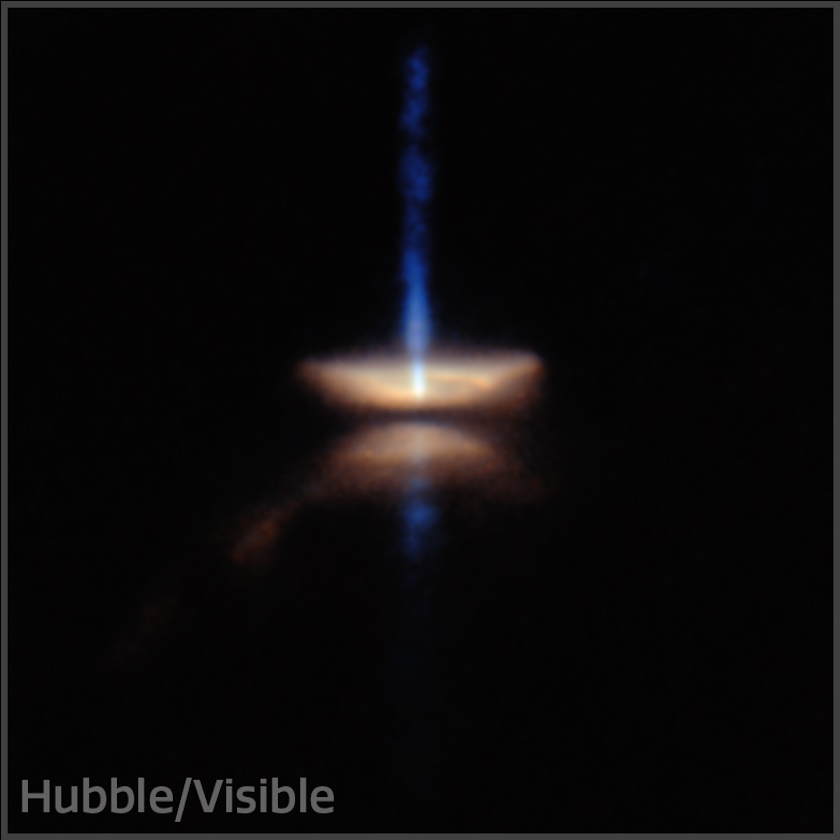 A blurred image captures a bright disc with a blue jet and shadowy reflection below, reminiscent of a star system's birth. Labeled "Hubble/Visible," it evokes curiosity about what JWST might reveal.