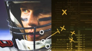 Football player in helmet with eye black, focused expression. Emulating the legendary drive to win like Tom Brady, an overlay of strategy diagrams and text lines appears to the right.