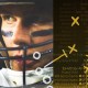 Football player in helmet with eye black, focused expression. Emulating the legendary drive to win like Tom Brady, an overlay of strategy diagrams and text lines appears to the right.