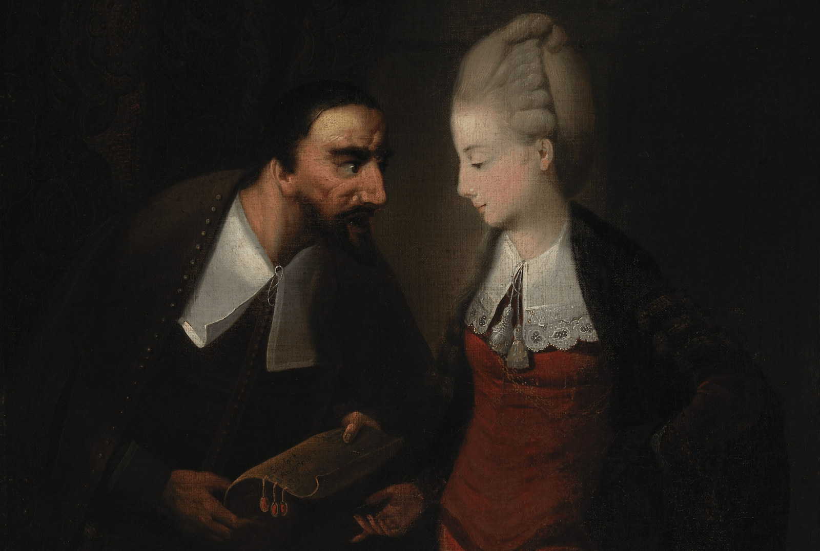 A man, holding a letter, converses with a woman in a red dress with a lace collar, set against a dark background.