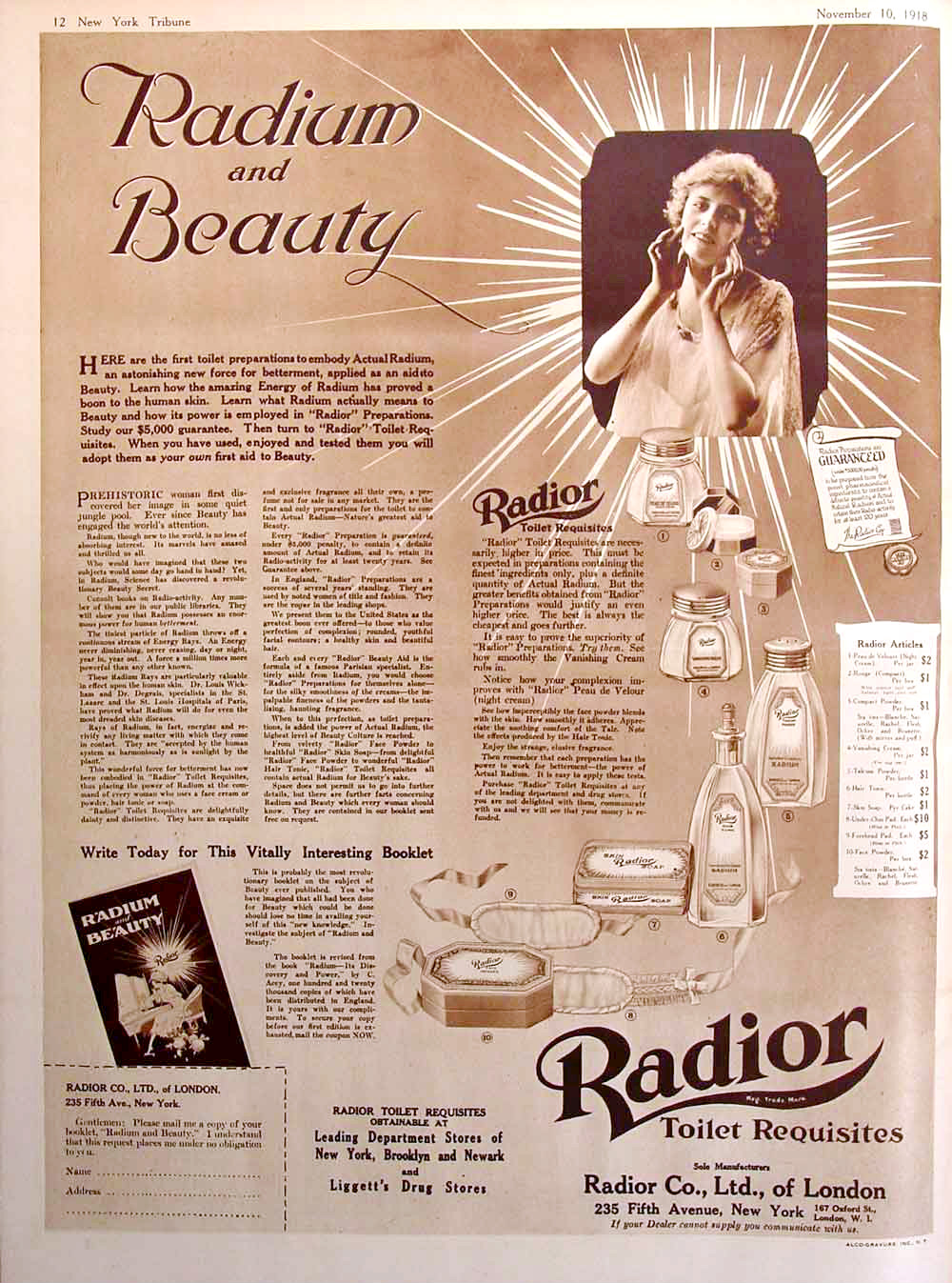 Vintage advertisement titled "Radium and Beauty" showcasing Radior beauty products, including various creams and powders, with a woman gazing upward, dated November 10, 1918.