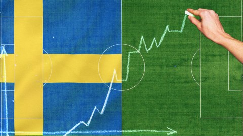 A green football field features Sweden's flag on the left half. A hand, embodying Swedish pragmatics, draws an upward zigzag line with chalk across both halves, resembling a stock market chart.