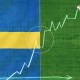 A green football field features Sweden's flag on the left half. A hand, embodying Swedish pragmatics, draws an upward zigzag line with chalk across both halves, resembling a stock market chart.