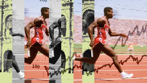 A sprinter in a red tracksuit charges down the track with ultra confidence, accompanied by overlayed graphics of historical photos, numbers, and a line graph on the image.