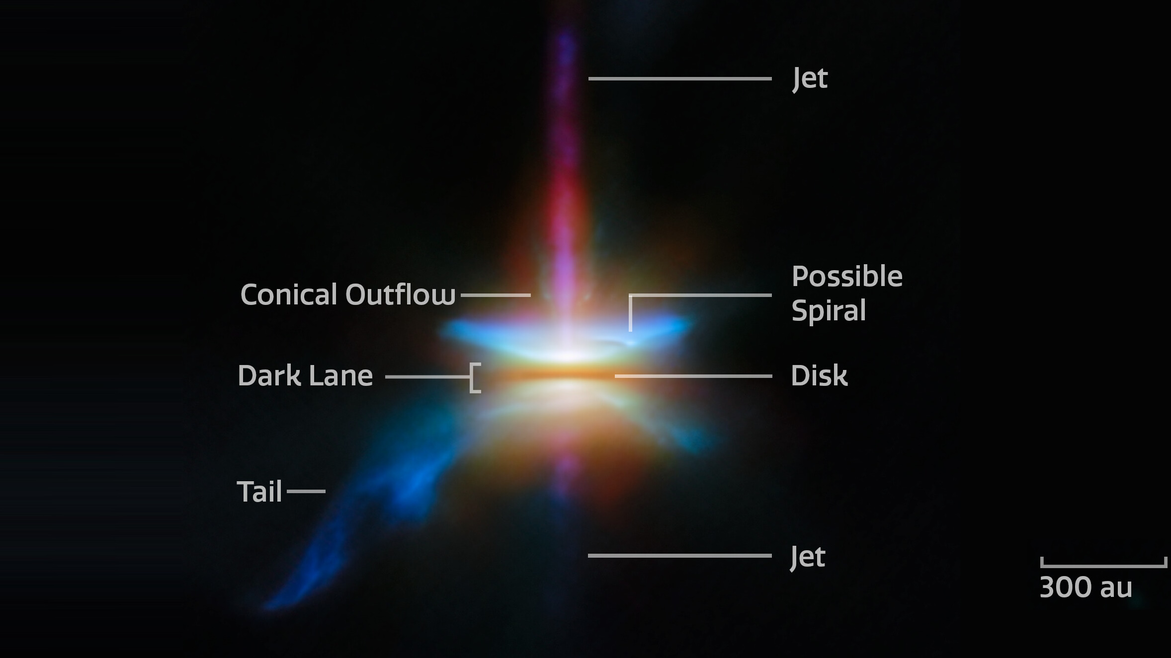 Astronomical image of a young star system with labeled features: jet, conical outflow, dark lane, possible spiral, disk, tail, and a scale marking 300 astronomical units.