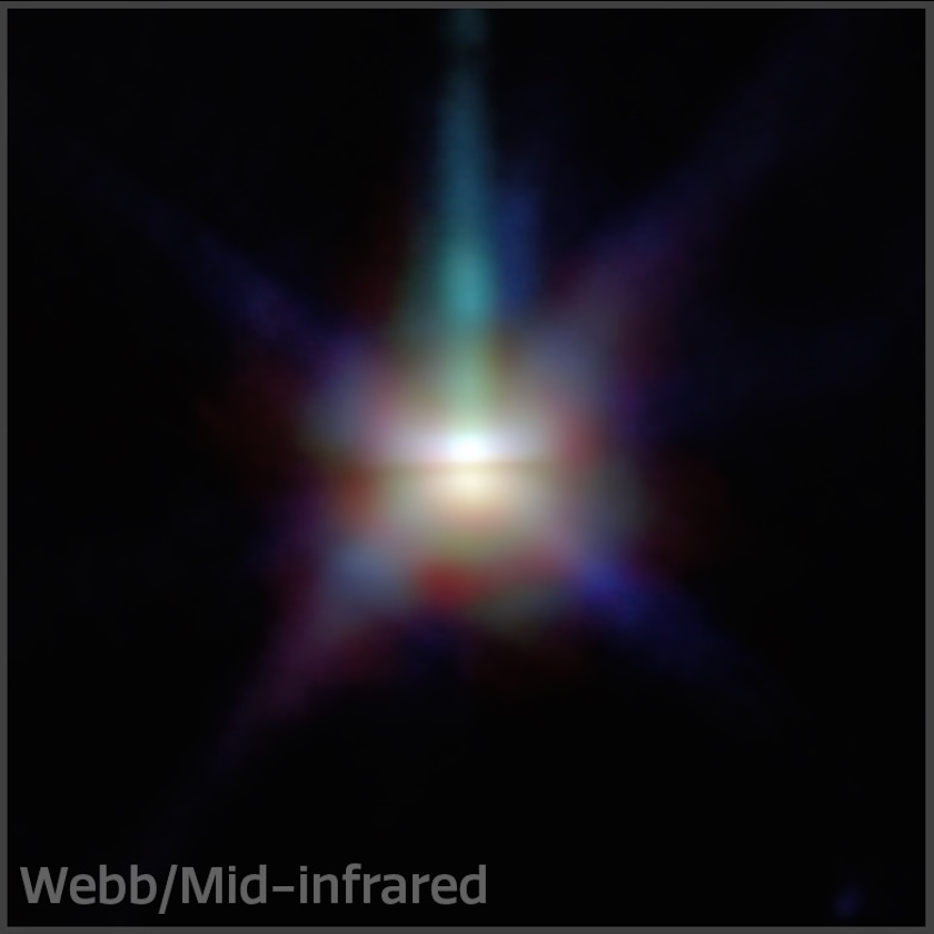 A colorful, star-like object with radiating light, captured in mid-infrared by the JWST, illuminates the birth of a star system against a black background.