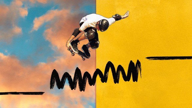 A skateboarder in protective gear performs an aerial trick, showcasing the art of acquiescence against a backdrop of blue sky with clouds on one side and a solid yellow background with a black squiggly line on the other.