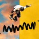 A skateboarder in protective gear performs an aerial trick, showcasing the art of acquiescence against a backdrop of blue sky with clouds on one side and a solid yellow background with a black squiggly line on the other.