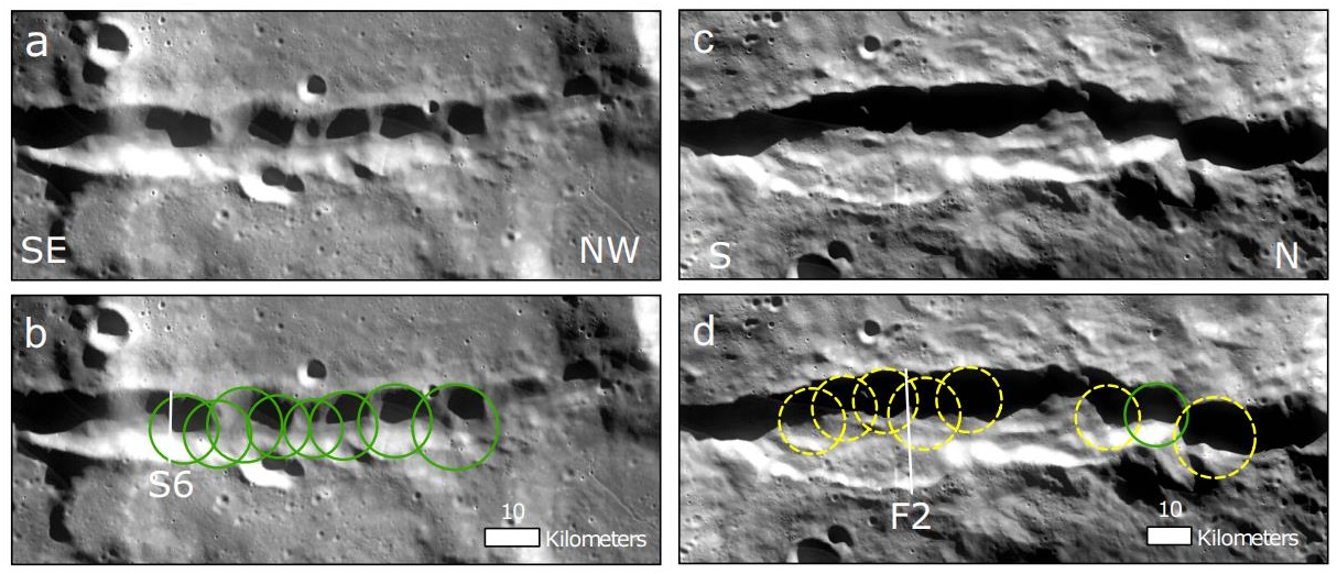 Four panels of the moon's surface reveal linear features reminiscent of a grand canyon, highlighted with circles in green and yellow. Labels indicate directions SE, NW, S, N, and markers S6, F2. Each panel showcases a 10-kilometer scale.