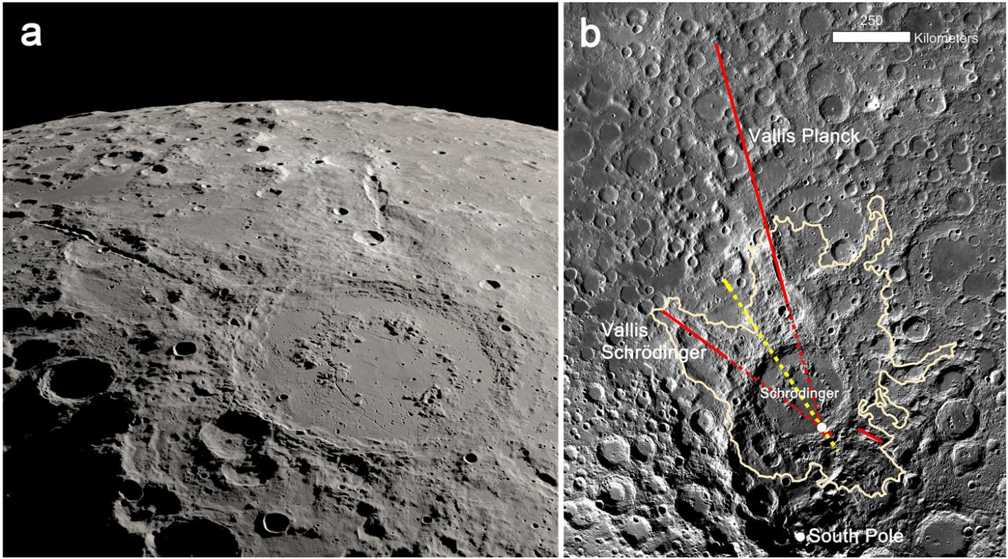 Lunar surface image with craters (left) and a map highlighting the moon's grand Schrödinger basin, featuring labeled landmarks like Vallis Planck and Vallis Schrödinger, with the South Pole prominently marked (right).