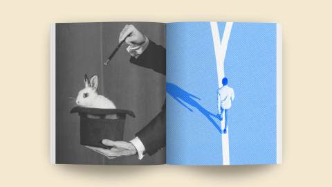 An open book reveals a wand hovering over a rabbit in a hat on the left, while on the right, a blue illustration depicts someone navigating diverging paths using a clever detour technique.