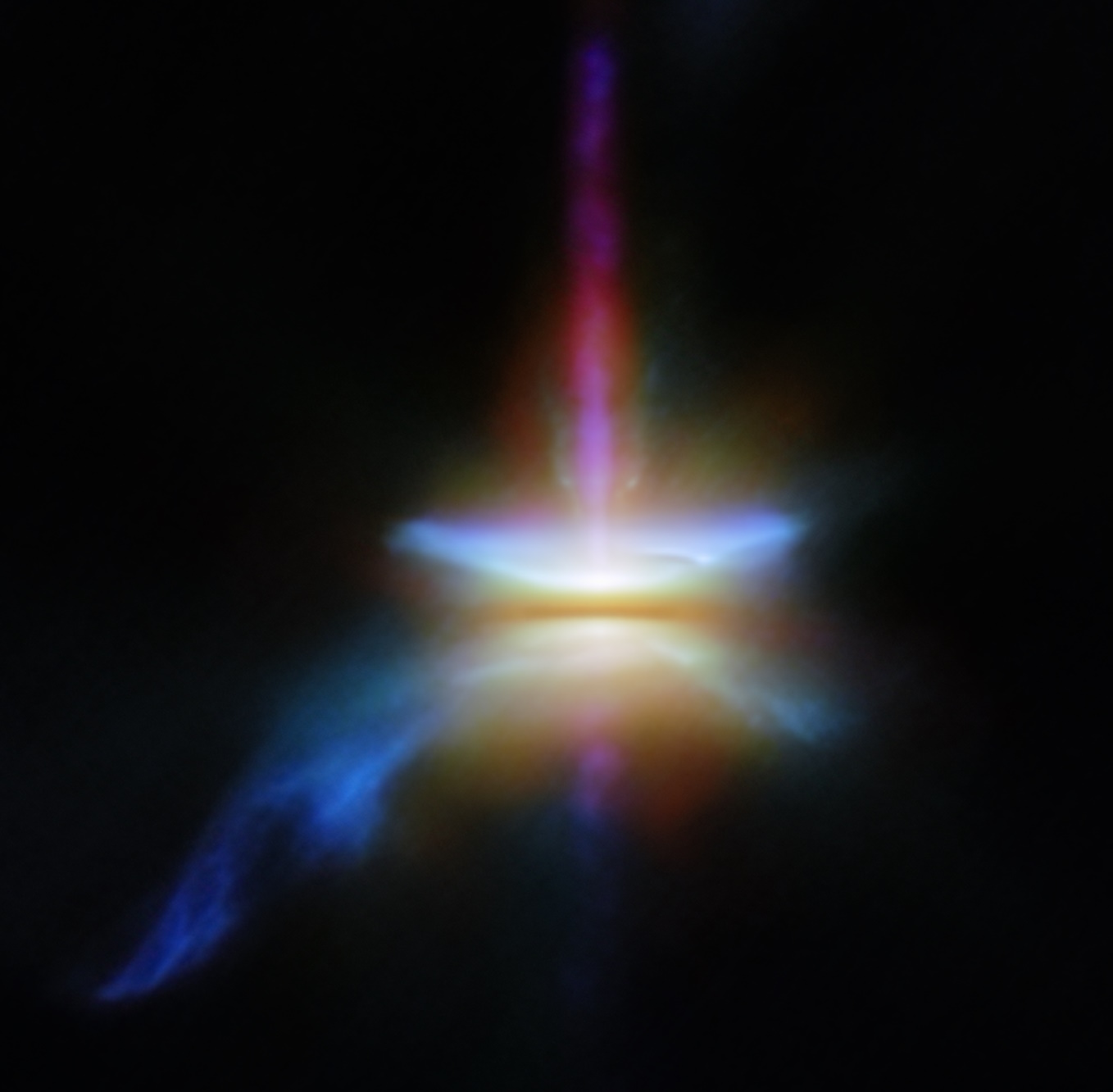 A colorful, luminous shape resembling an hourglass is set against a dark background, capturing the vibrant hues of blue, yellow, and red at its center—much like the breathtaking images captured by JWST during the birth of a star system.