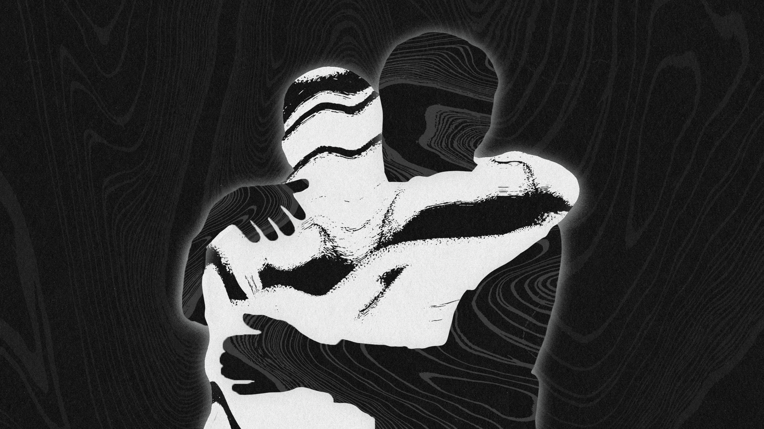 Abstract black and white image of two figures embracing, with swirling line patterns and contrasting shadows evoking a textured effect that subtly hints at negative emotions.