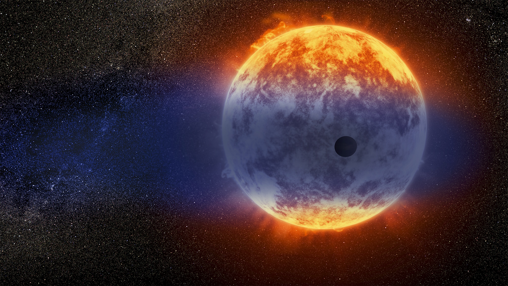 Illustration of a fiery star with a rocky exoplanet transiting in front, set against a starry background—a scene reminiscent of what the JWST might reveal as the exoplanet begins to vaporize from intense heat.