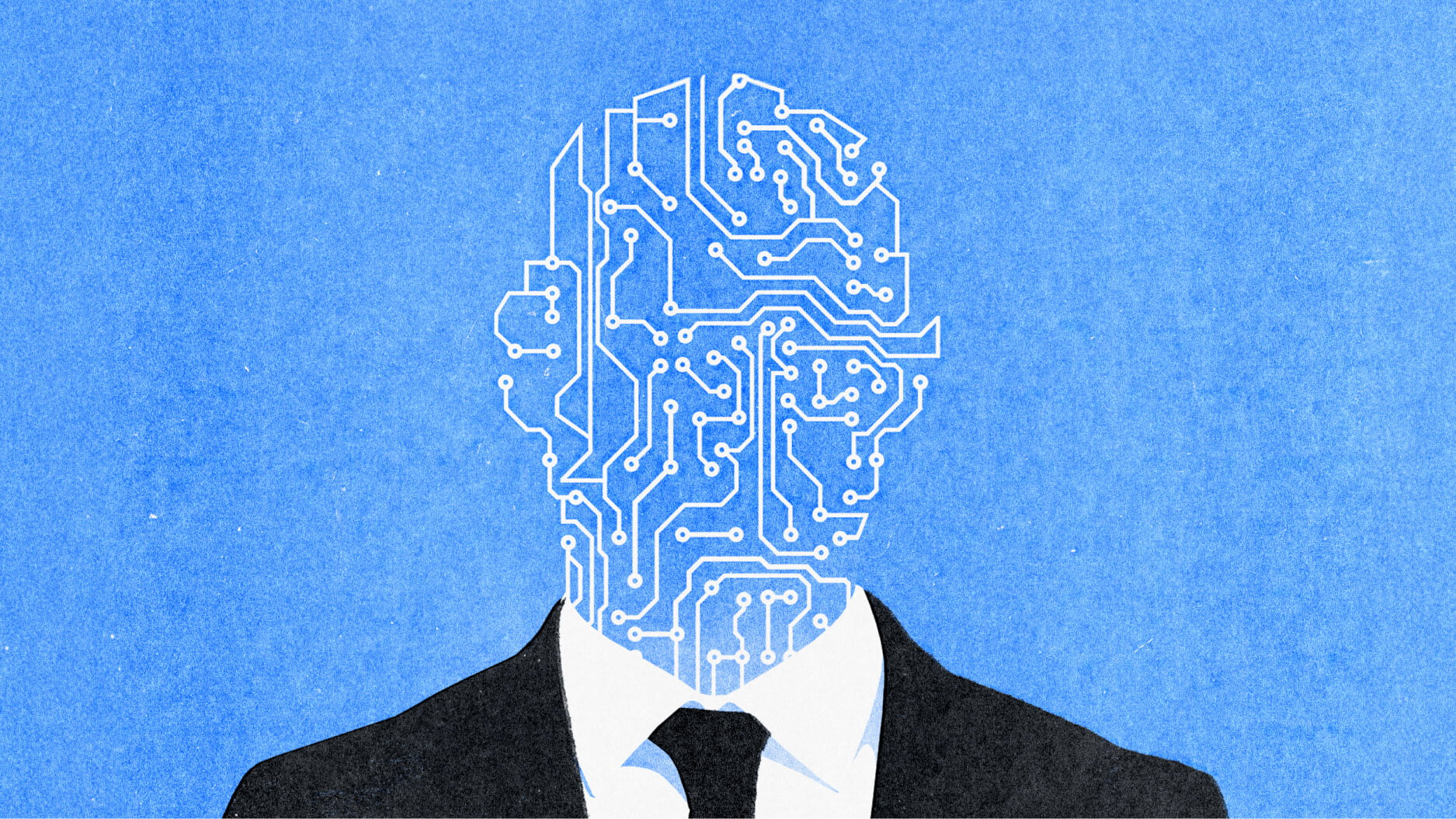 Silhouette of a person in a suit with their face represented as a circuit board against a blue background.