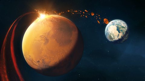 Illustration of Mars being struck by an asteroid, with debris flying and Earth visible in the background.