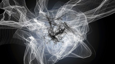 Abstract image with intertwined black and white wispy lines forming a chaotic, web-like pattern on a dark background.