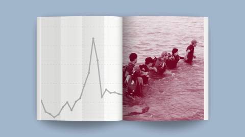 An open book reveals migration statistics depicted in a graph on the left page, while a black-and-white image of people standing in water graces the right page, all set against a serene blue background.