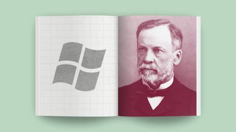 Open book with a four-pane window logo on the left page and an illustrated portrait of a man on the right page, reminiscent of Pasteur's quadrant. Background is light green.