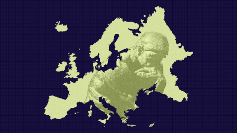 Map of Europe overlaid with an image of a contemplative monkey, set against a dark blue grid background.