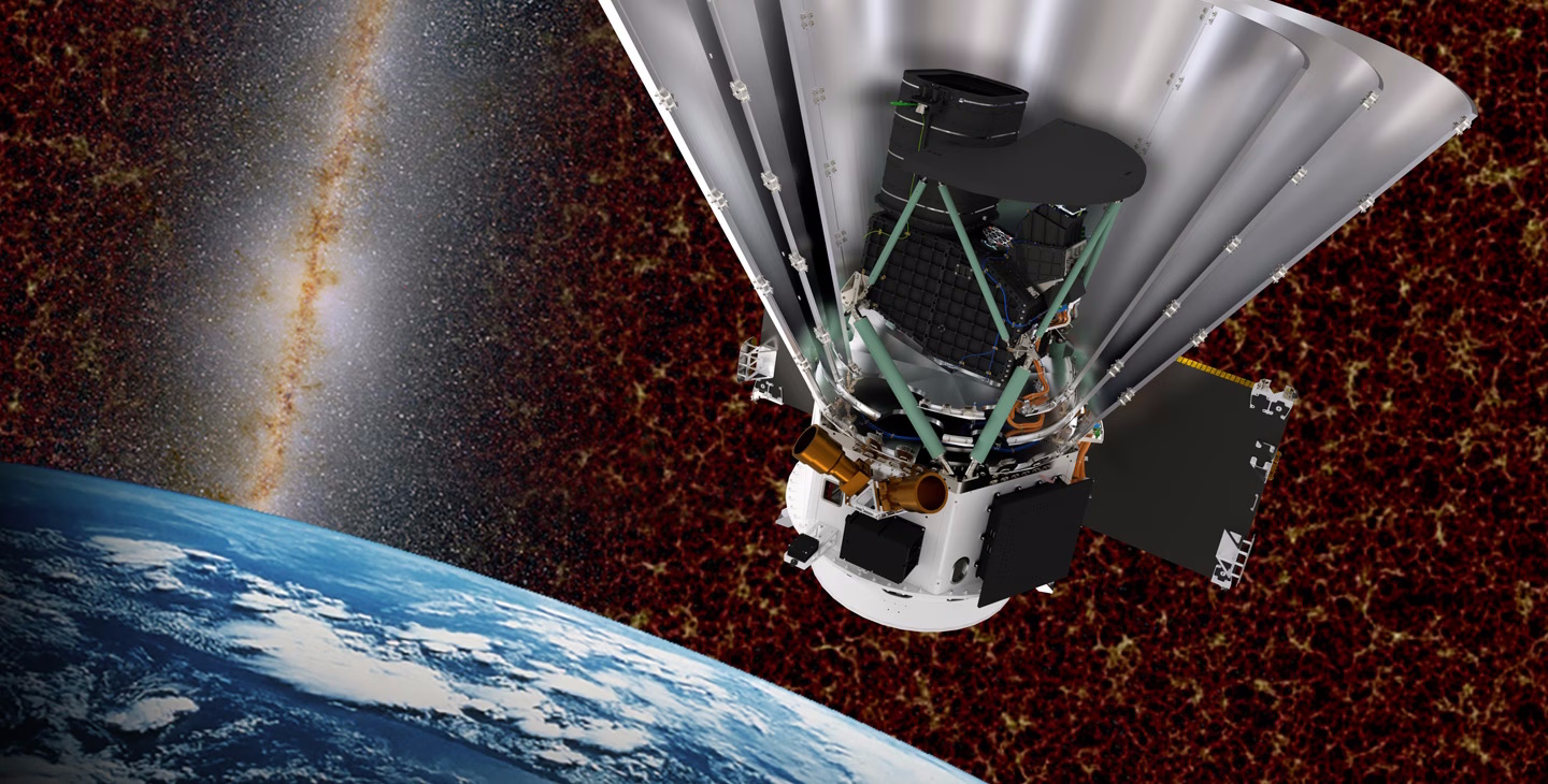 A spacecraft with a large reflective dish orbits above Earth, exploring the starry galaxy and cosmic backdrop. Its mission? To map galaxies and teach us what the CMB can't, unlocking cosmic mysteries.