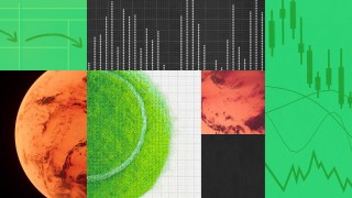 Abstract image with sections showcasing Mars, green circular patterns resembling tennis ball textures, and various graphs on green and black backgrounds.