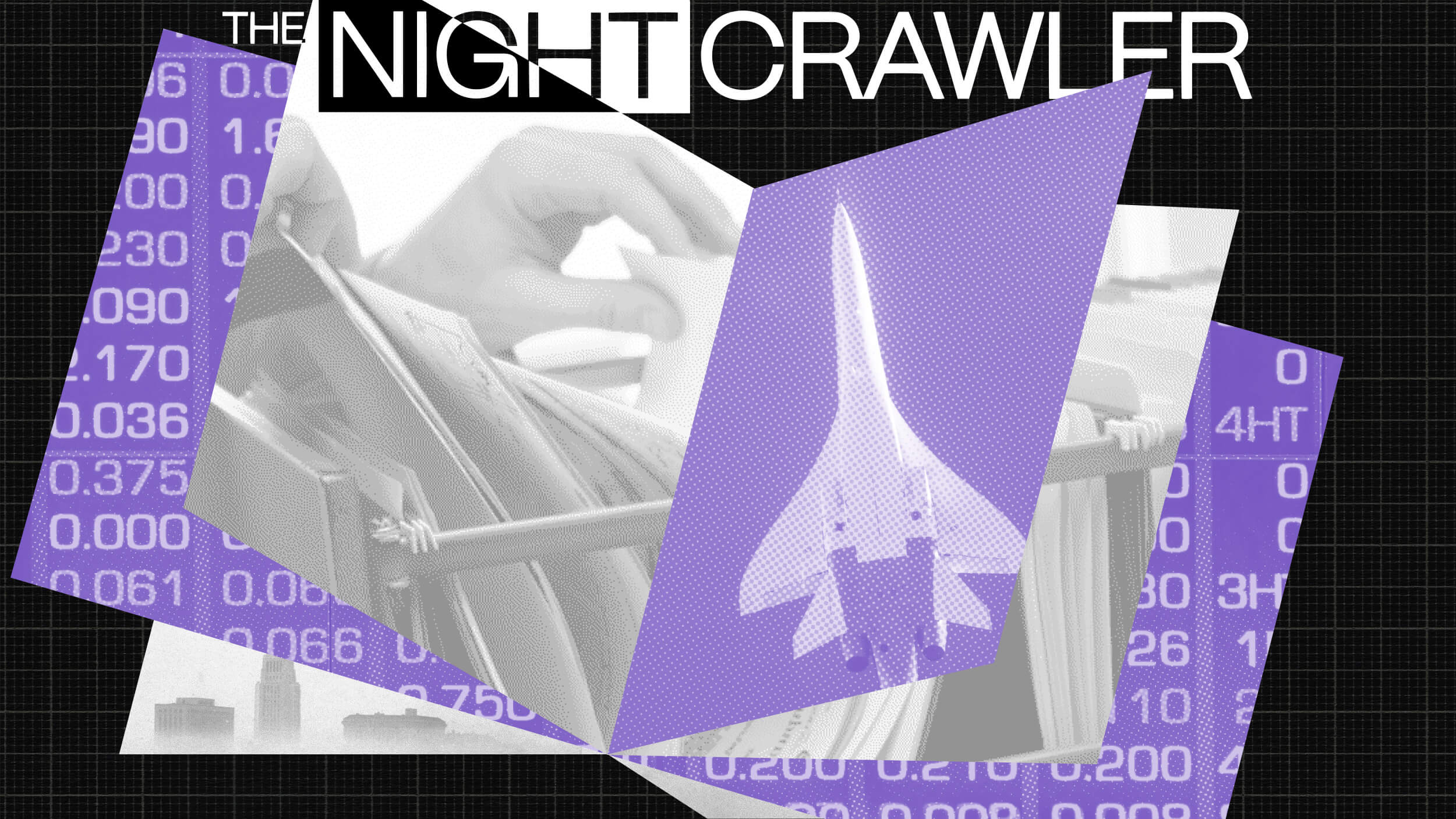 Collage featuring a hand filing papers, an airplane, and numerical data on a grid background. Text reads "The Night Crawler: A Journey for Investigative Investors.