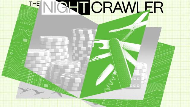 A stylized image showcases poker chips and a green Swiss army knife, intricately overlaid with circuit patterns, hinting subtly at AI risk. The word "Nightcrawler" graces the top, adding an enigmatic touch.