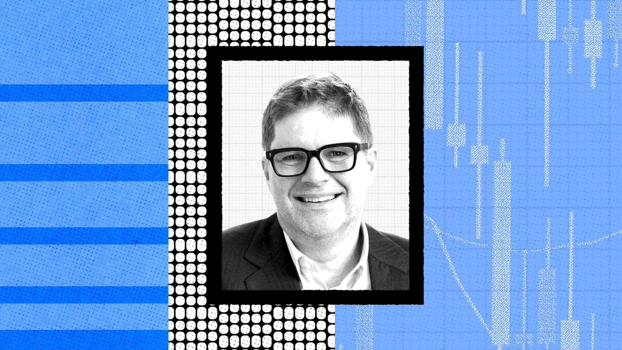 A grayscale portrait of a smiling person wearing glasses, exuding Warren Buffett wisdom, is centered within graphic elements featuring blue stripes and charts.