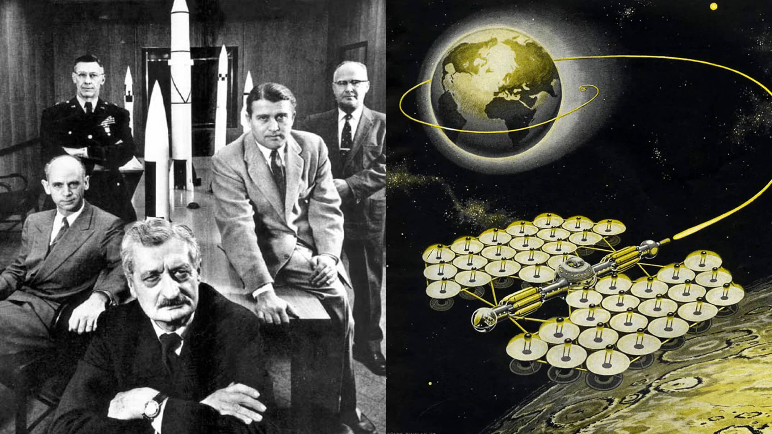 A group of five men in suits pose with model rockets, showcasing their commitment to fundamental research. Beside them, an illustration depicts a space station orbiting Earth and the Moon, highlighting their visionary investment in space exploration.