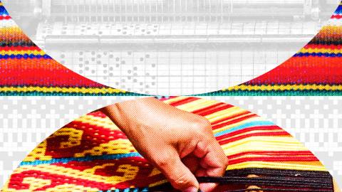 A weaver's resilient hand skillfully crafts vibrant, geometric patterns into the woven fabric.