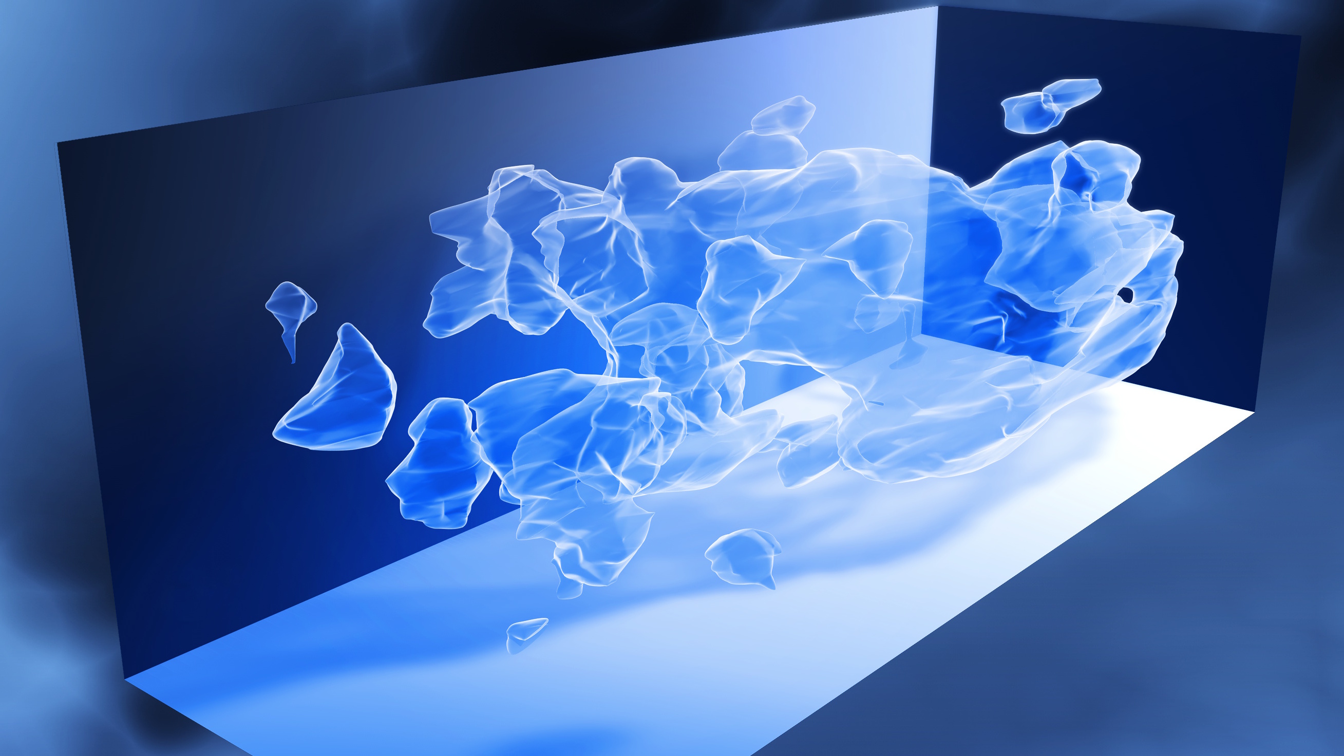 A digital 3D visualization shows translucent blue shapes in front of a blue wall and floor, illustrating an abstract concept&mdash;perhaps a universe without dark matter.
