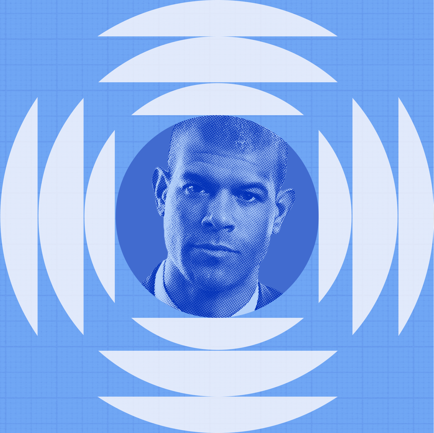 A man's portrait in blue tones is centered within concentric white arcs on a blue grid background.