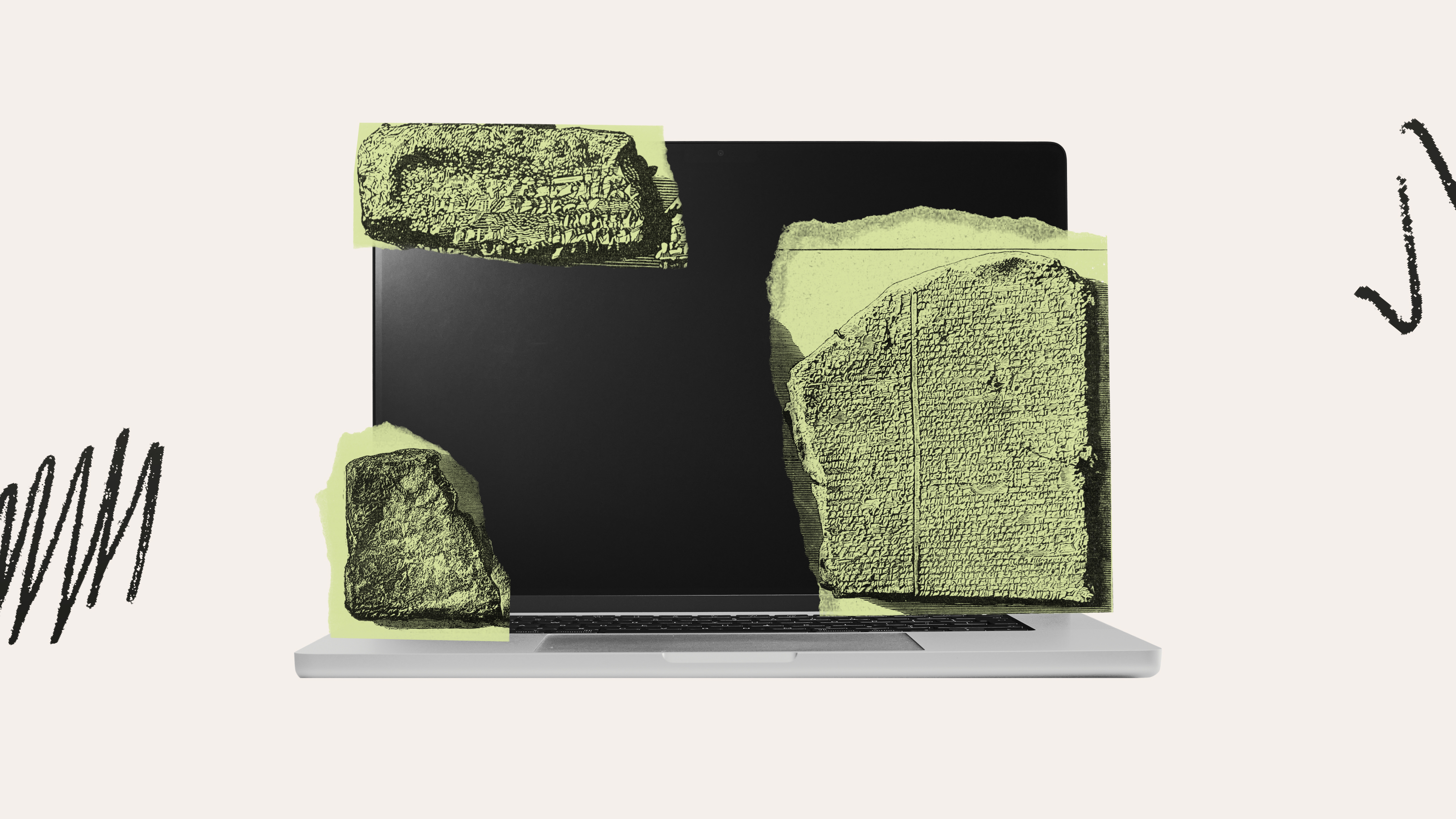 A laptop with ancient stone tablets digitally overlaid on its screen and keyboard, evoking the concept of ancient AI, with abstract black scribbles on a plain background.