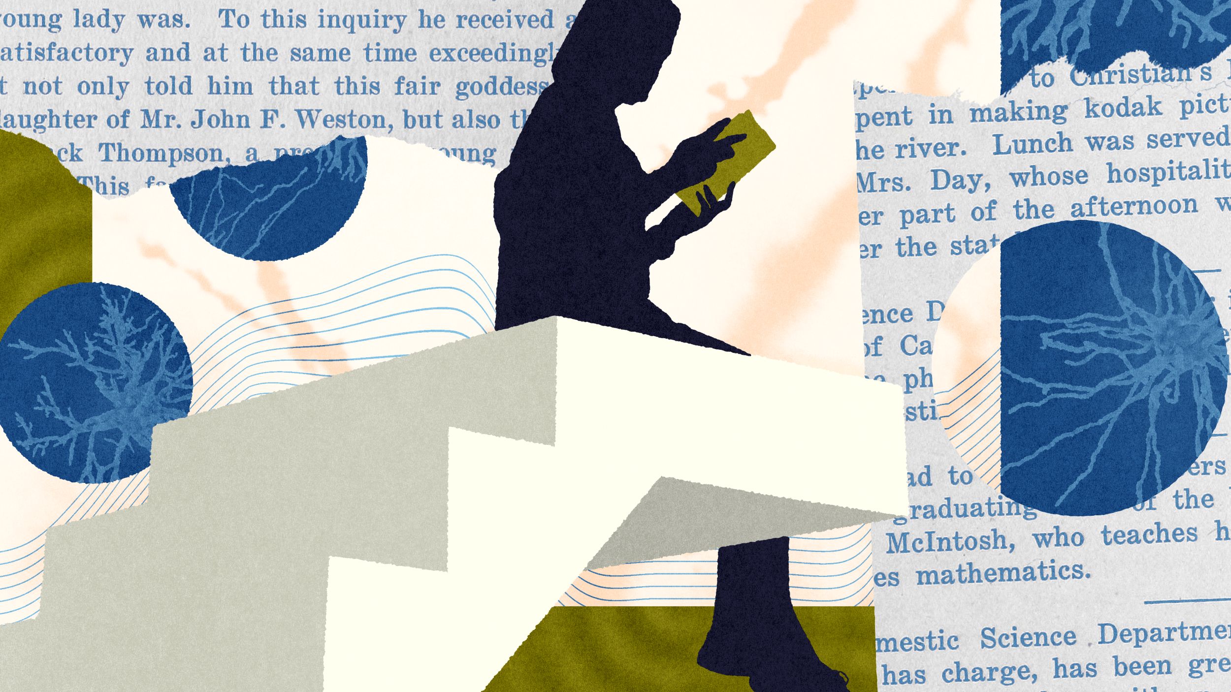 A silhouette of a person reading a book sits on abstract, geometric stairs overlaid on collaged text and blue circular patterns.