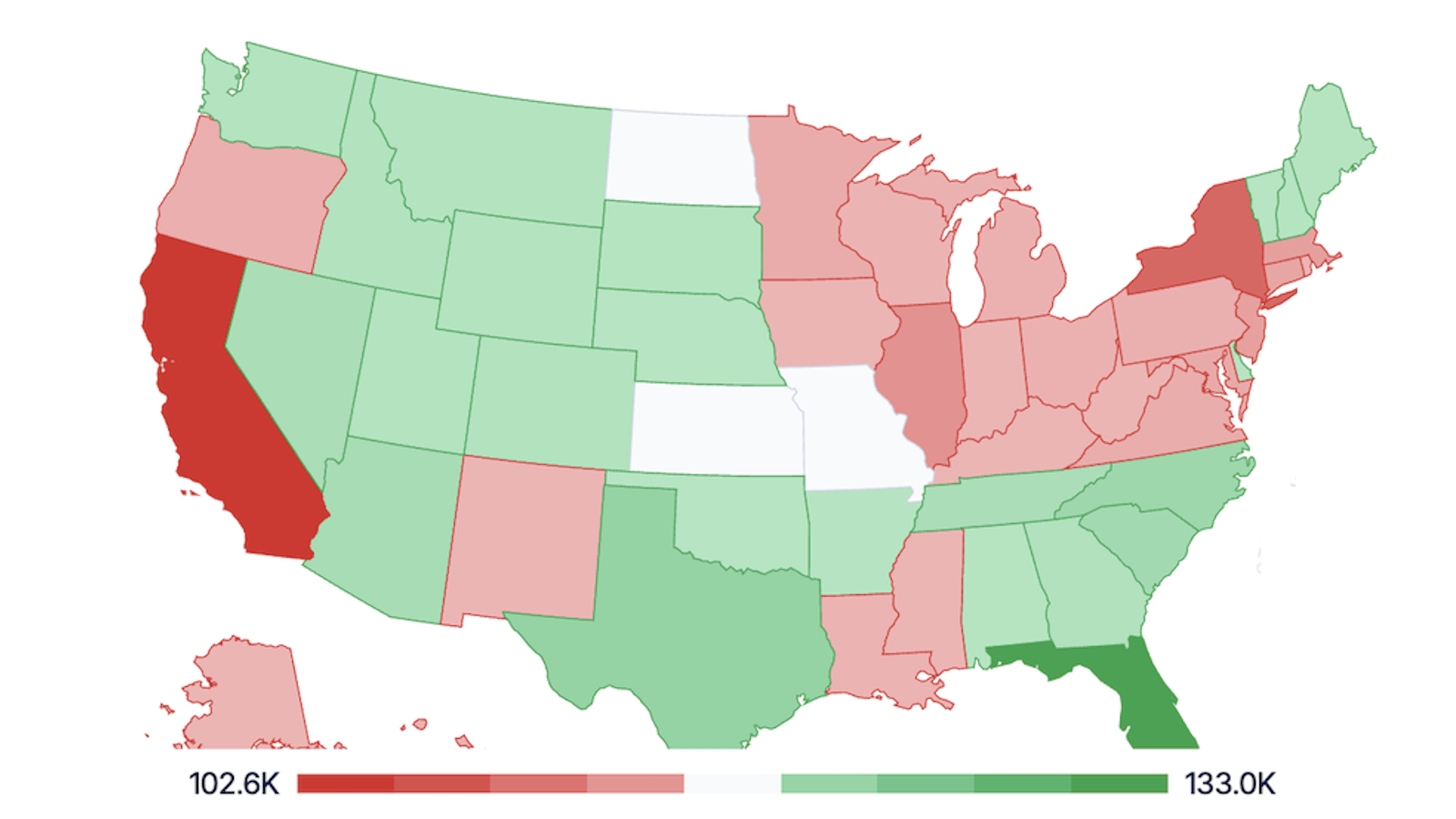 A color-coded map of the United States shows state-by-state data ranging from red (lower values) to green (higher values), with a scale from 102.6K to 133.0K.