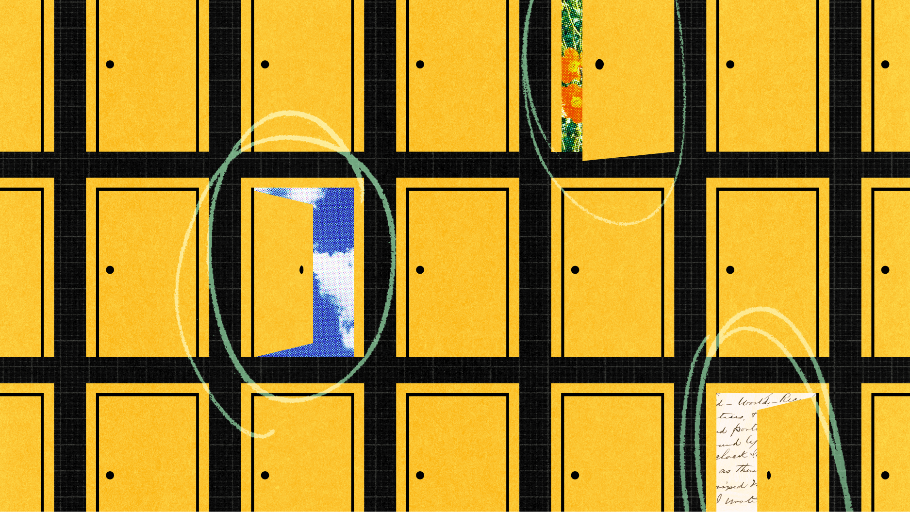 A grid of closed yellow doors, with a few open ones revealing blue sky, a floral pattern, and handwritten text—reminding us how small habits make a big difference. Pale green circles highlight the open doors.