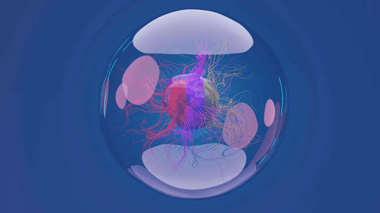 A digital rendering of a single cell with a translucent membrane, displaying colorful internal structures and filament-like extensions on a blue background.
