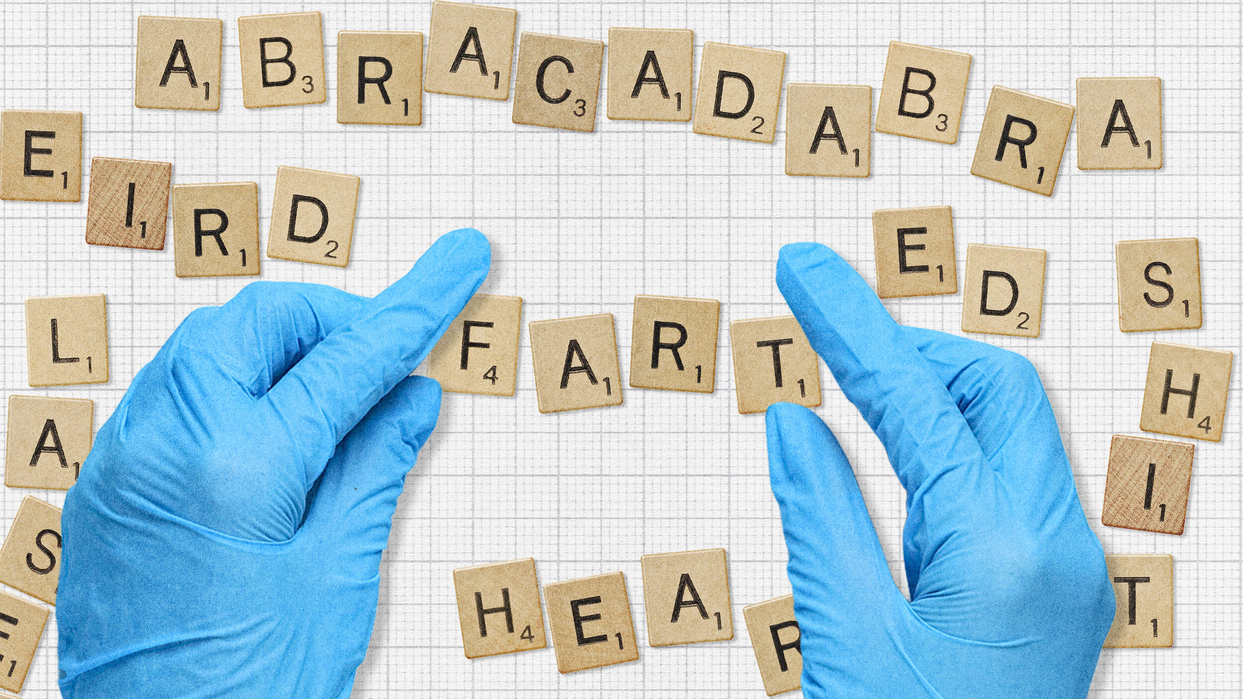 Gloved hands arrange Scrabble tiles on a grid, forming the words "ABRACADABRA," "FART," "HEART," "SHIT," "BIRD," and "LAST.