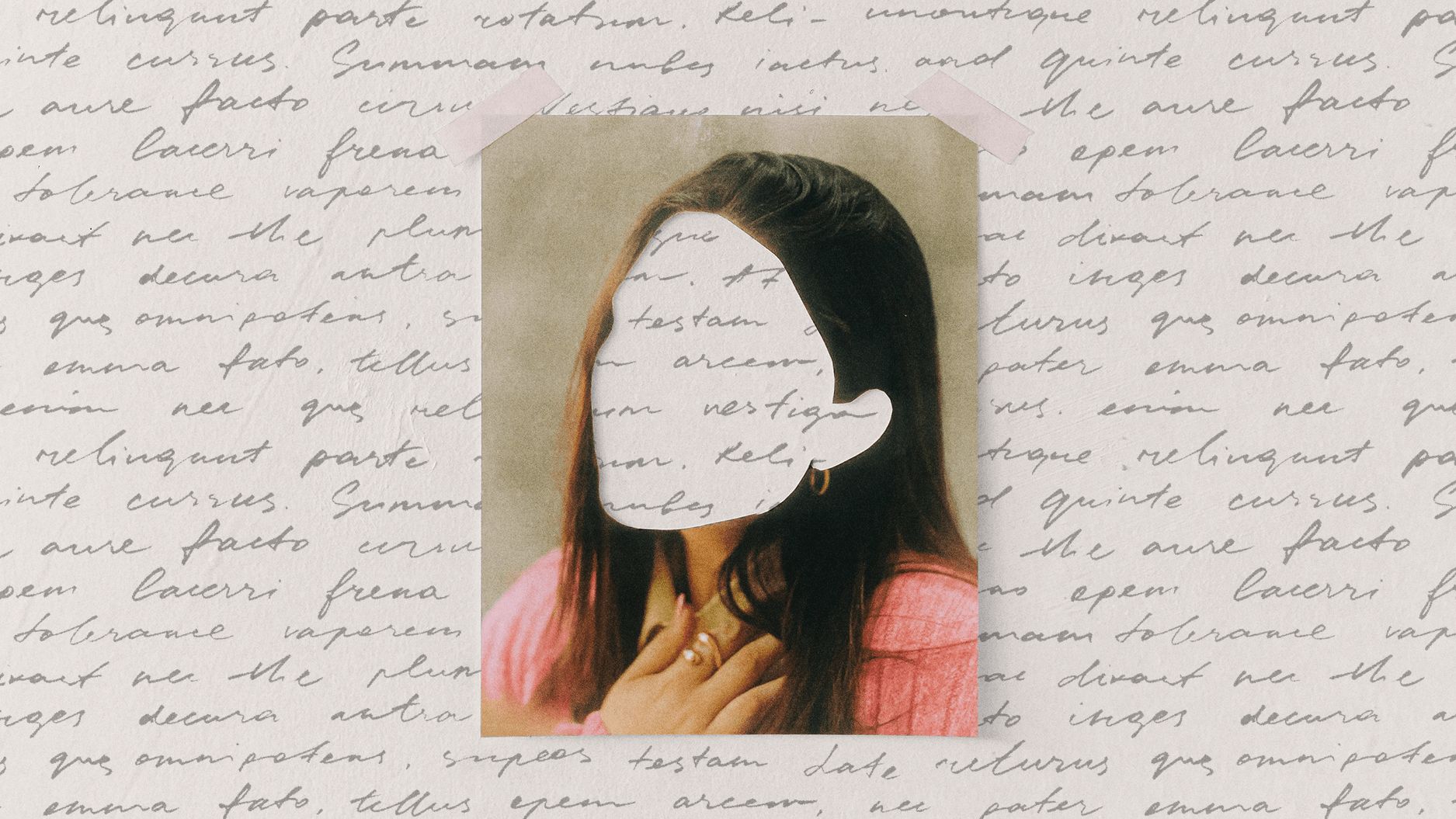 A photo of a woman with her face blanked out is taped to a background filled with handwritten writing. She wears a pink top and gold hoop earring, her hand resting near her collarbone.