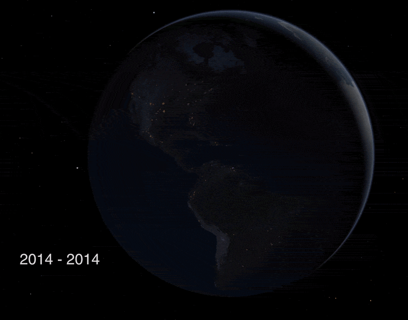 Animated image of Earth showing city lights across the Americas cycling from the year 2014 to 2022, illustrating changes in nighttime illumination.