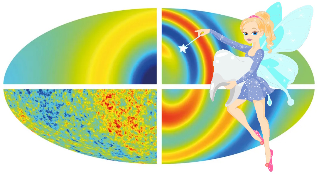 A cartoon tooth fairy holds a tooth and magic wand, standing before colorful cosmic microwave background maps, blending whimsy with the wonders of theoretical physics.