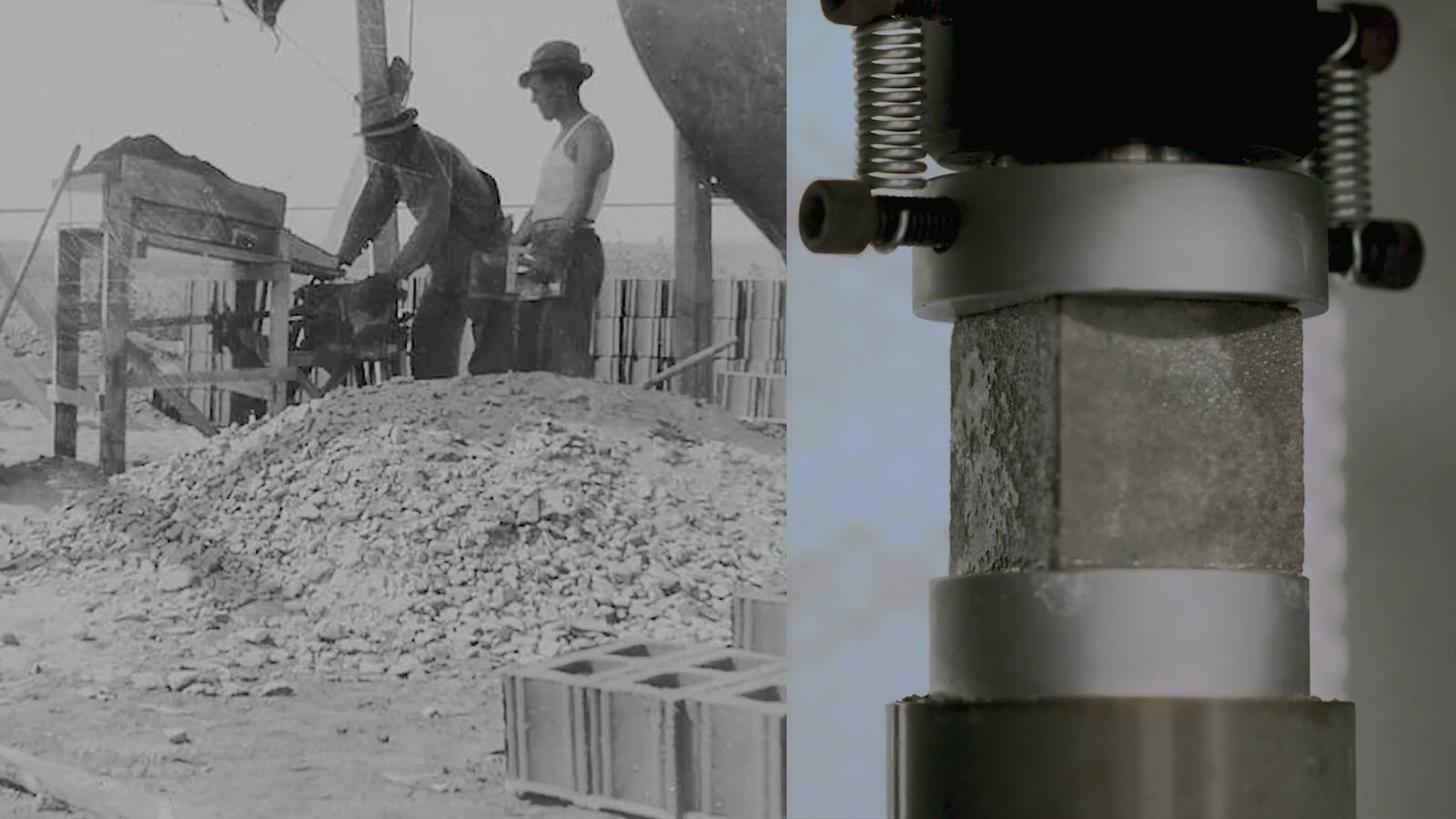 Split image showing two scenes: on the left, workers operate construction equipment near a pile of gravel; on the right, a close-up of a concrete block being tested in a mechanical press.