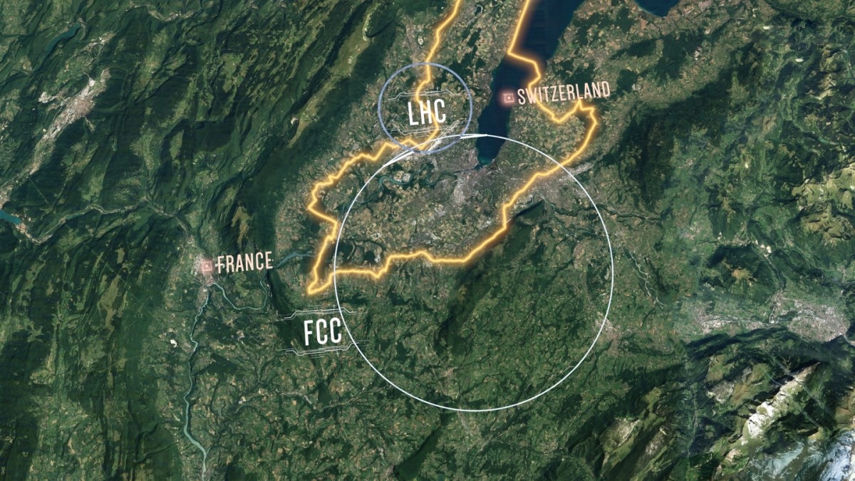 Aerial map showing the Large Hadron Collider (LHC) and proposed Future Circular Collider (FCC) tunnels near the France-Switzerland border, with highlighted borders and labels illustrating CERN particle physics research sites.